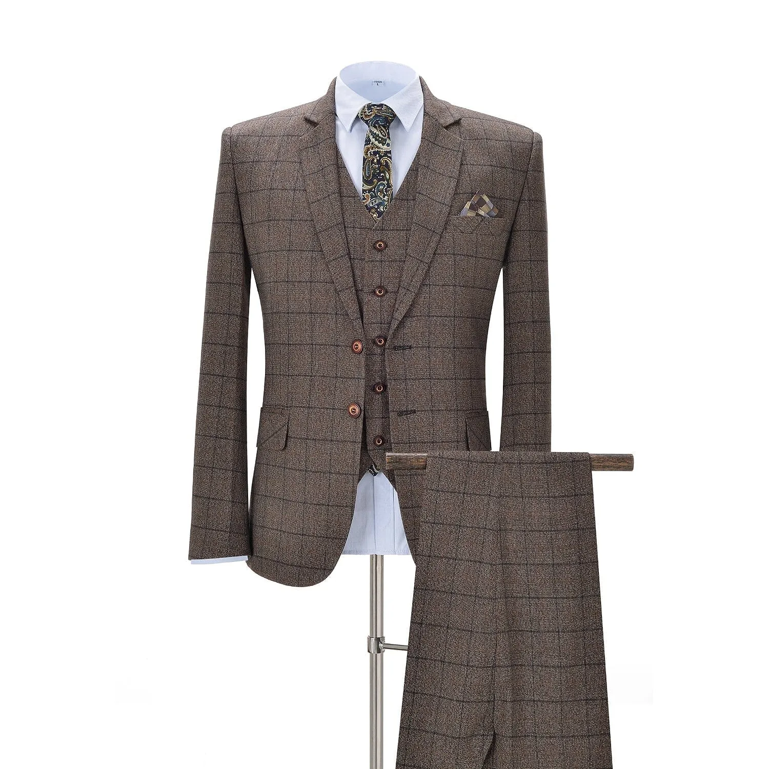 Formal Men's  Tweed Plaid Business 3 Pieces Notch Lapel Suit (Blazer vest Pants)