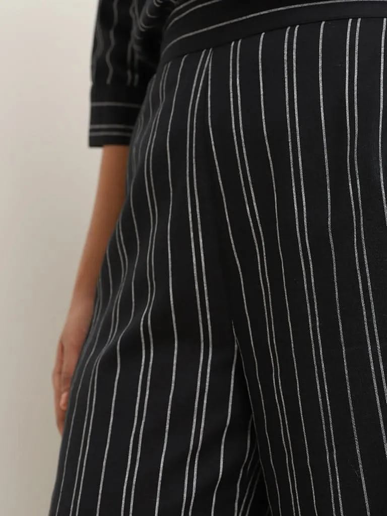 Gia Black Striped Cotton Wide-Leg Pants