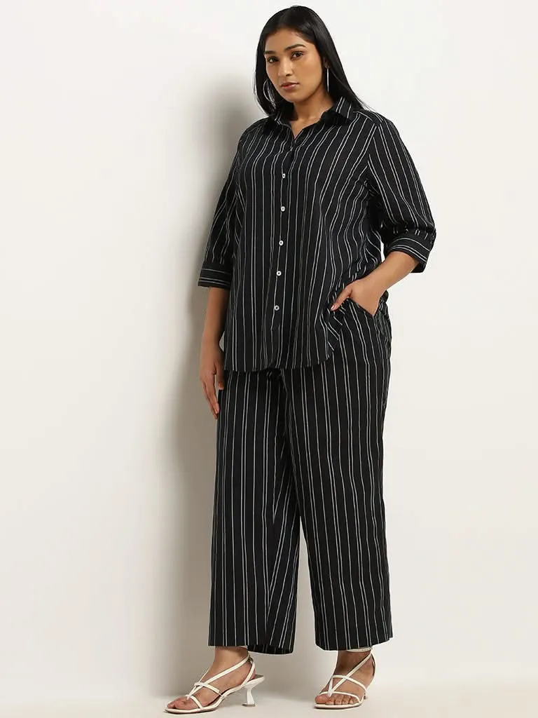 Gia Black Striped Cotton Wide-Leg Pants