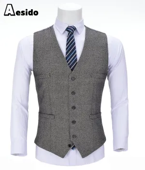 Grey Herringbone V Neck Waistcoat