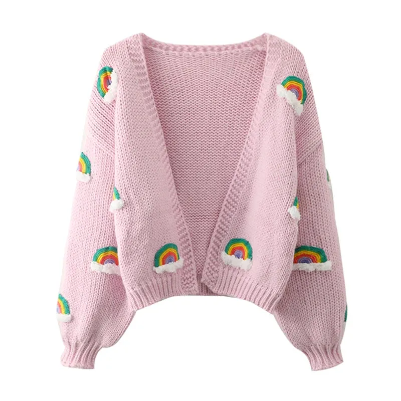 Handmade Chunky Knit Tops Women Fashion Cropped Knitted Cardigan Sweater 90s Rainbow Streetwear C-048