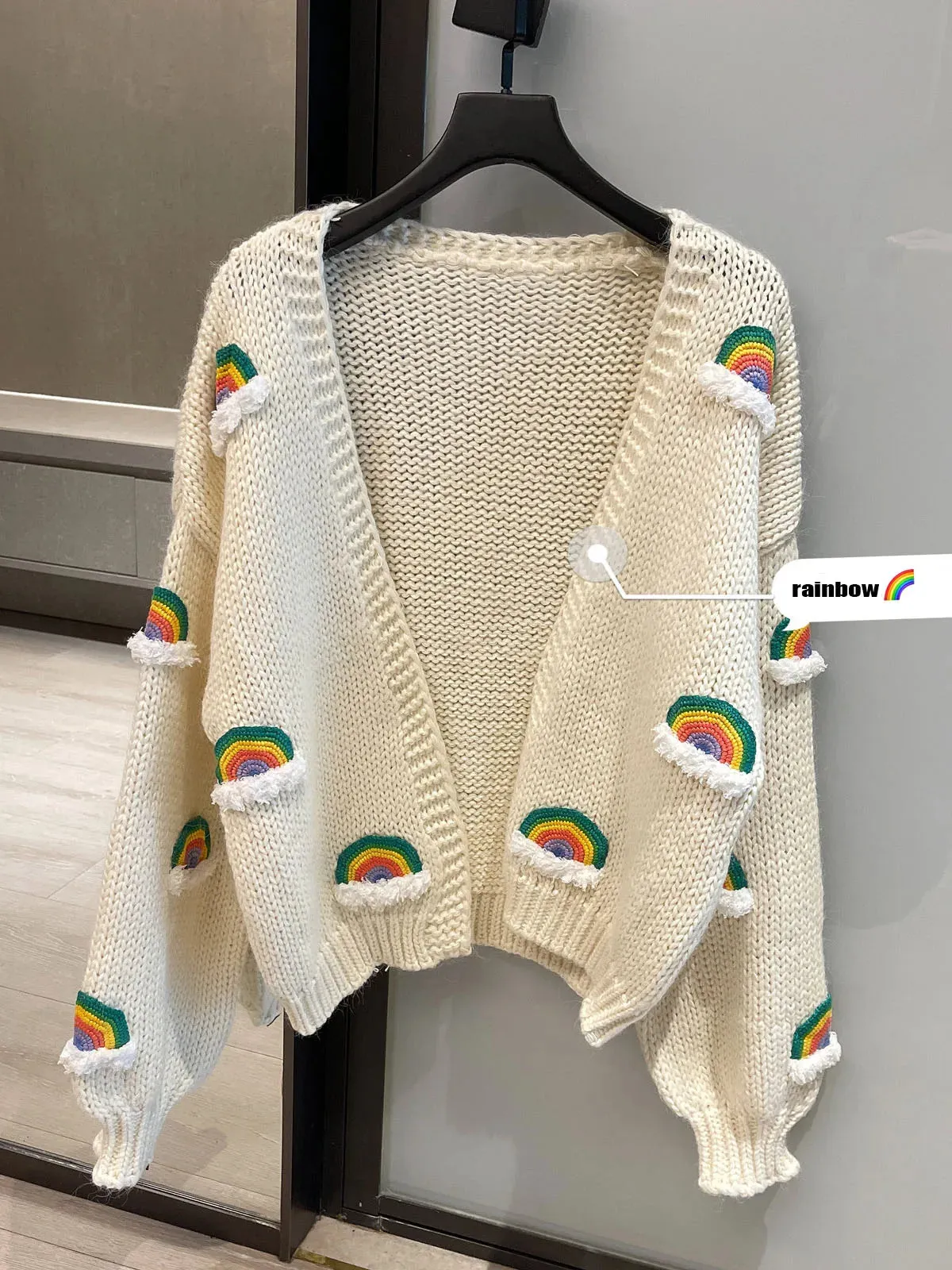 Handmade Chunky Knit Tops Women Fashion Cropped Knitted Cardigan Sweater 90s Rainbow Streetwear C-048