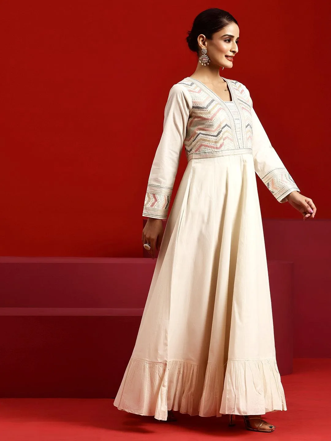 Jashvi Art Off White Embroidered Cotton A-Line Kurta With Trousers & Dupatta