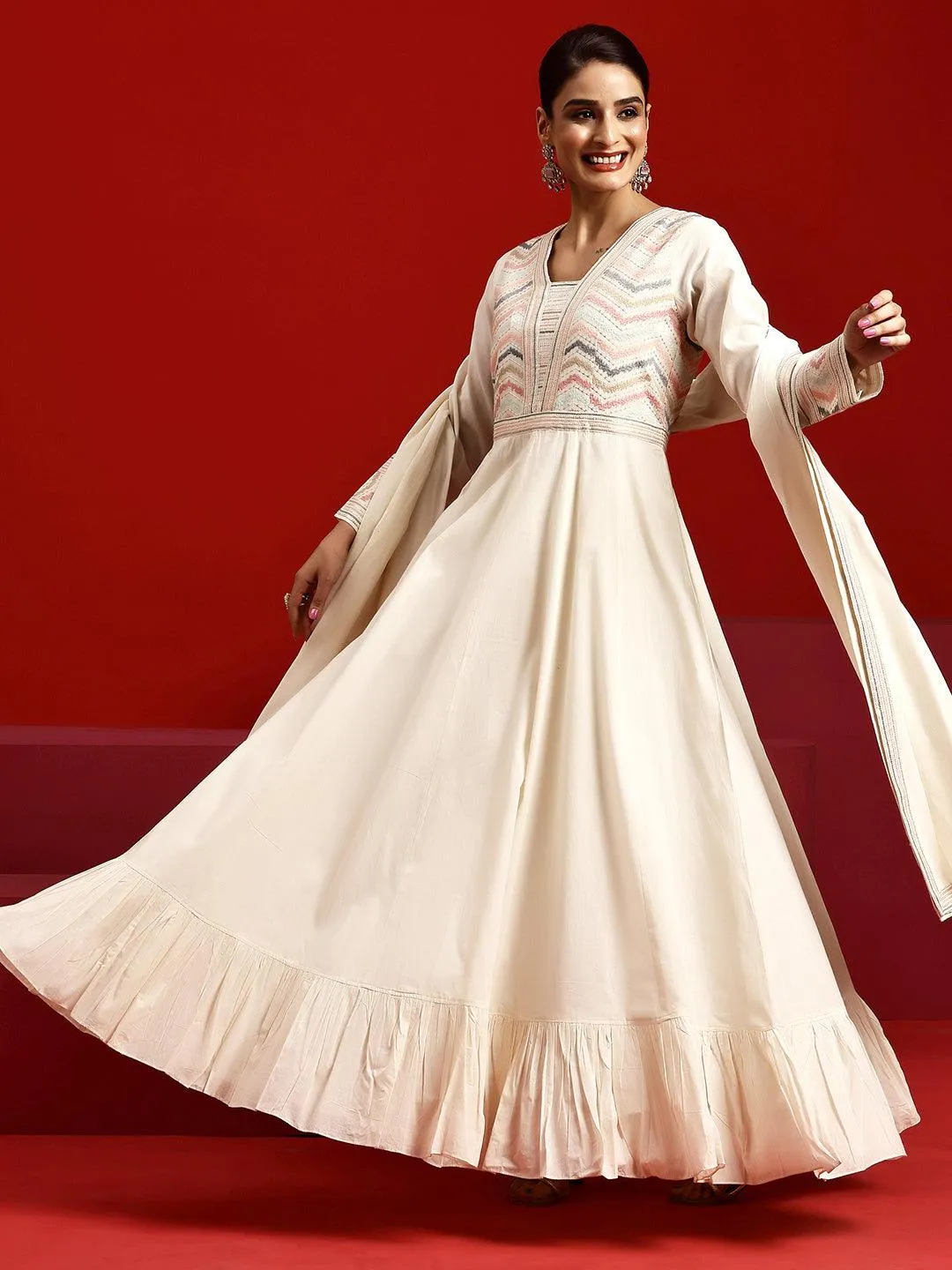 Jashvi Art Off White Embroidered Cotton A-Line Kurta With Trousers & Dupatta