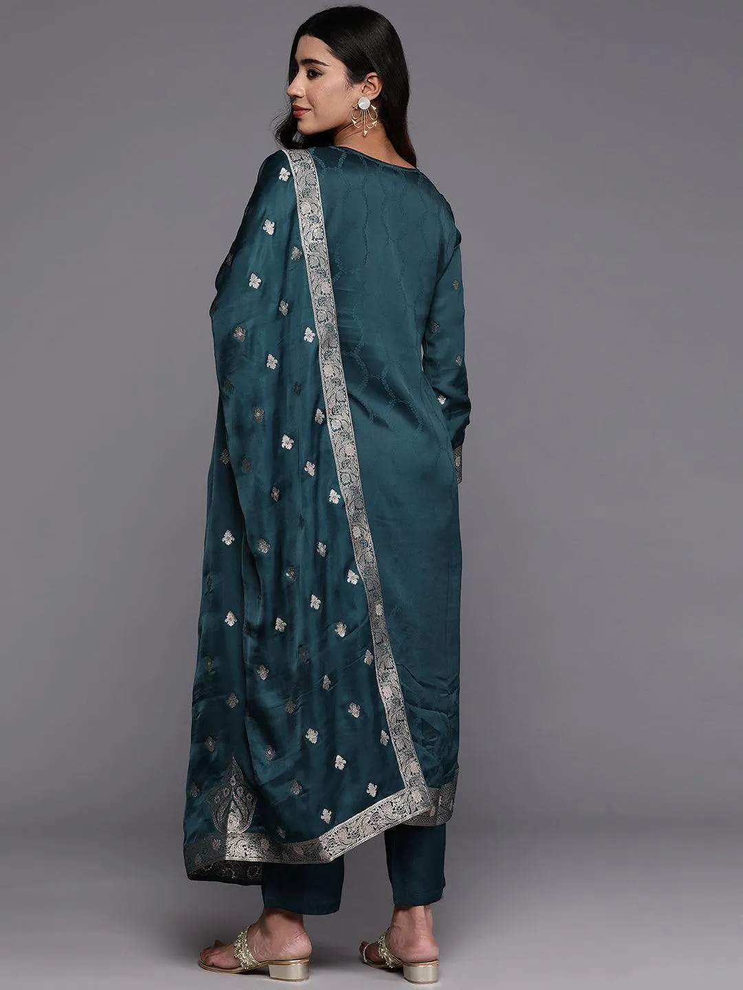 Jashvi Art Teal Embroidered Silk Straight Suit With Dupatta