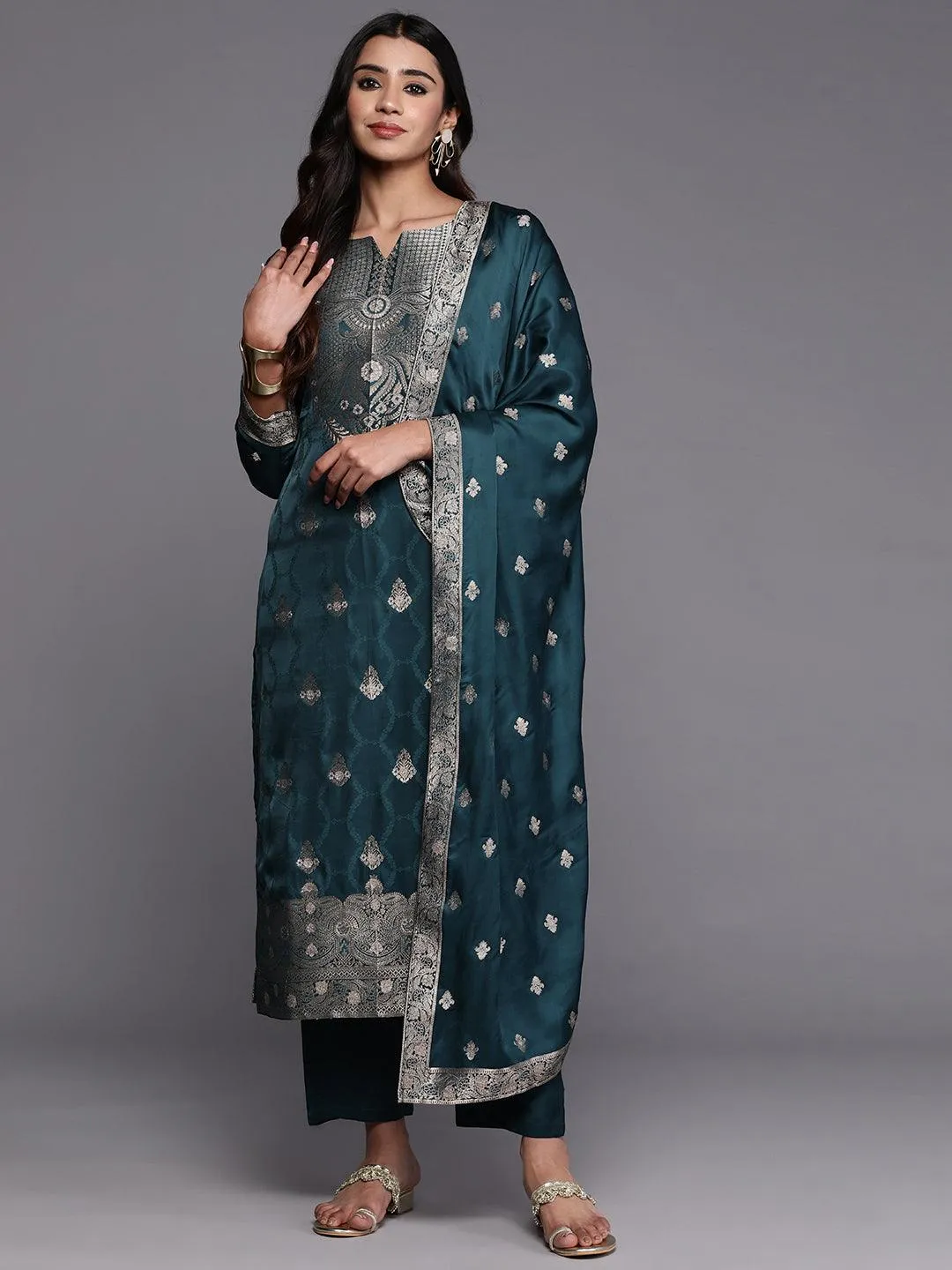 Jashvi Art Teal Embroidered Silk Straight Suit With Dupatta