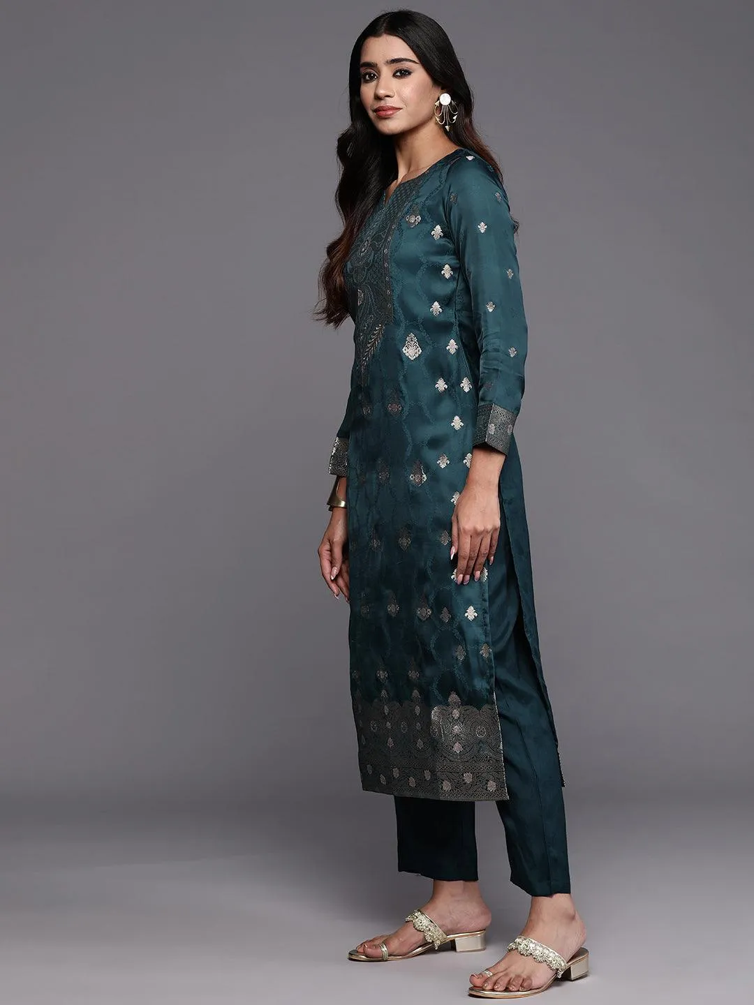 Jashvi Art Teal Embroidered Silk Straight Suit With Dupatta