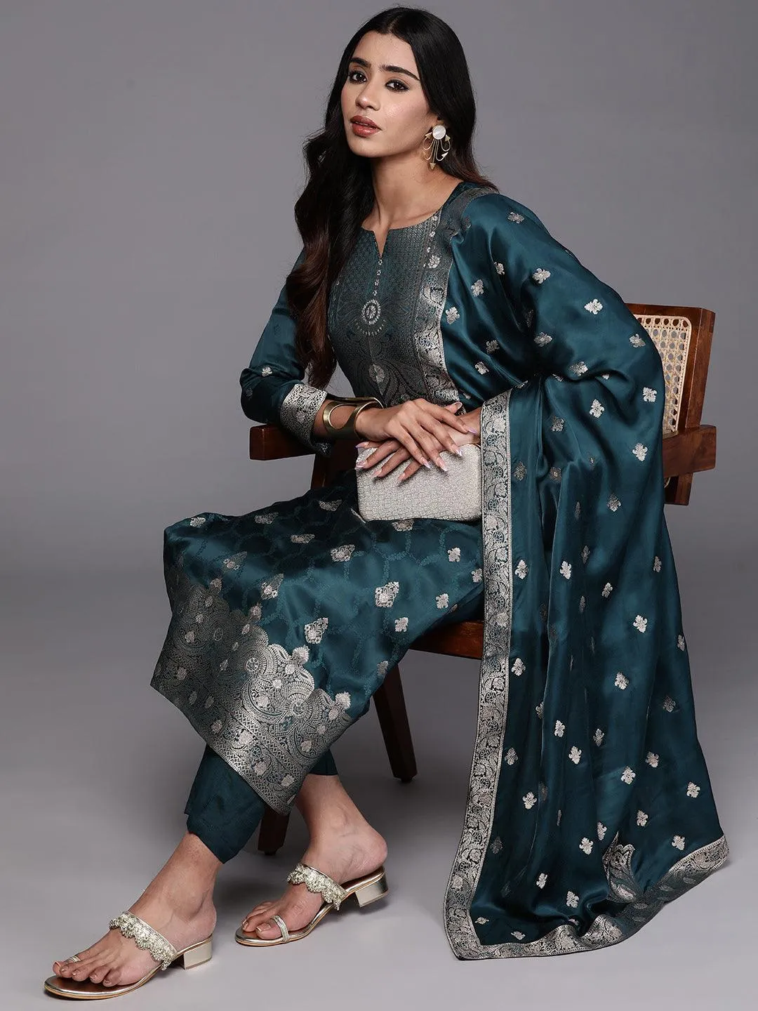 Jashvi Art Teal Embroidered Silk Straight Suit With Dupatta