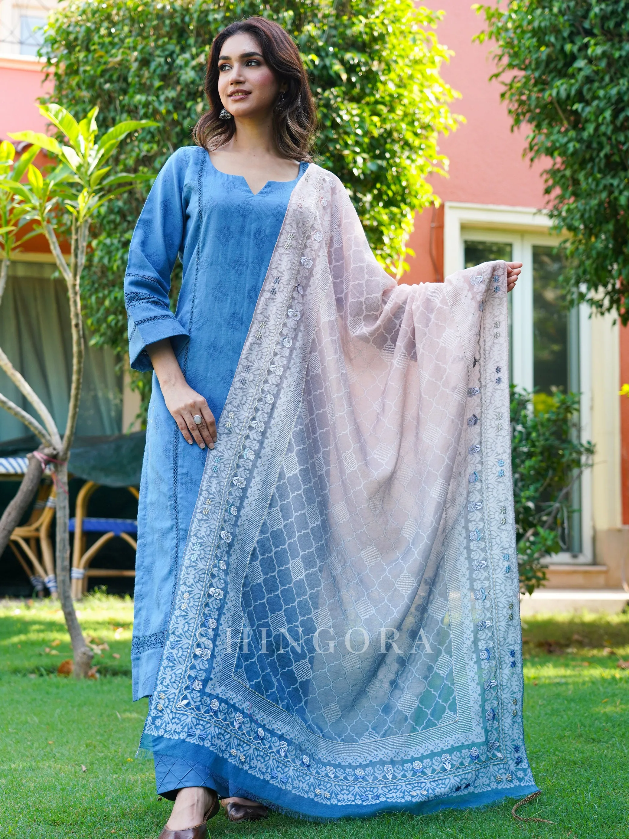 Kalaa: Blue Jacquard Embroidered Unstitched Suit & Dupatta Set