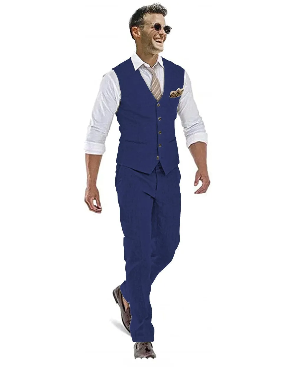 Linen Casual 2 Pieces Mens Suit Flat V Neck Groomsmen (Vest   Pants)