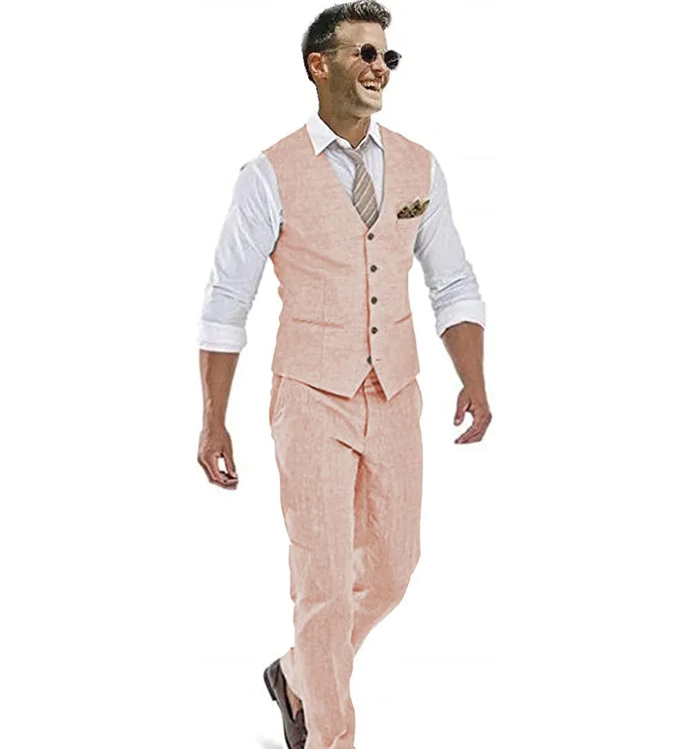 Linen Casual 2 Pieces Mens Suit Flat V Neck Groomsmen (Vest   Pants)