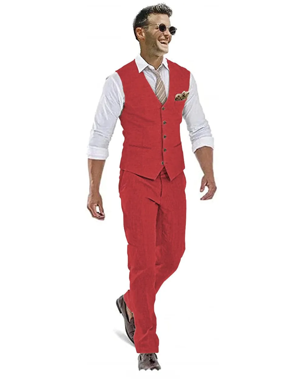 Linen Casual 2 Pieces Mens Suit Flat V Neck Groomsmen (Vest   Pants)