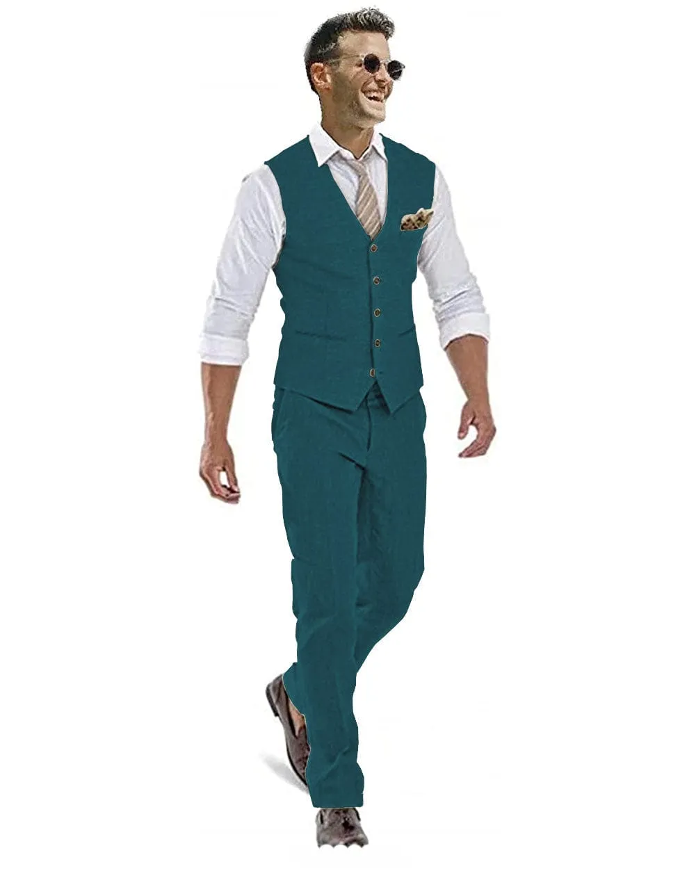 Linen Casual 2 Pieces Mens Suit Flat V Neck Groomsmen (Vest   Pants)