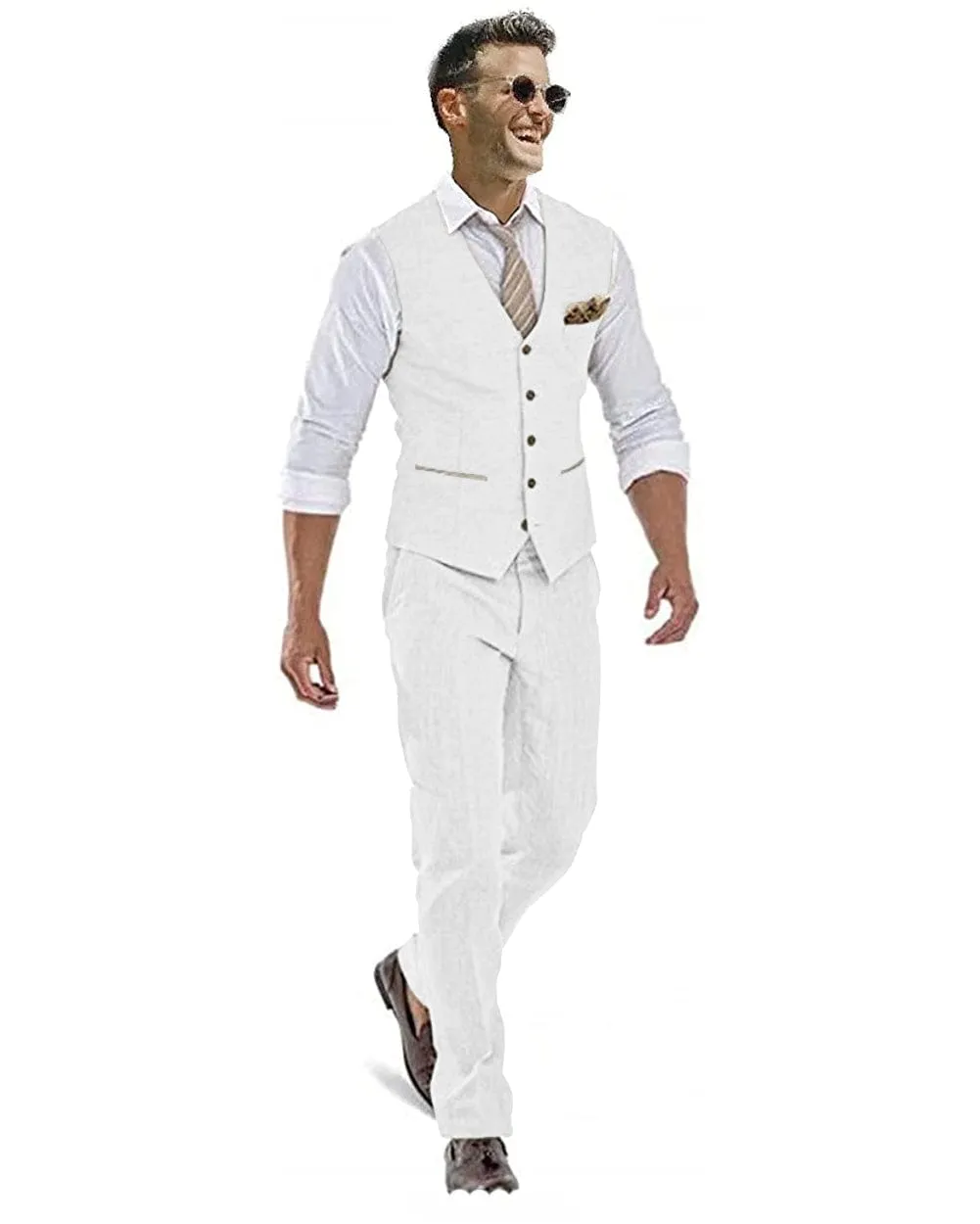 Linen Casual 2 Pieces Mens Suit Flat V Neck Groomsmen (Vest   Pants)