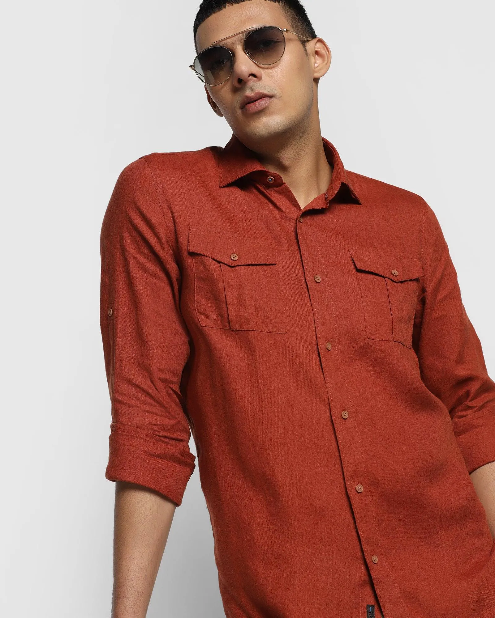 Linen Casual Rust Solid Shirt - Port