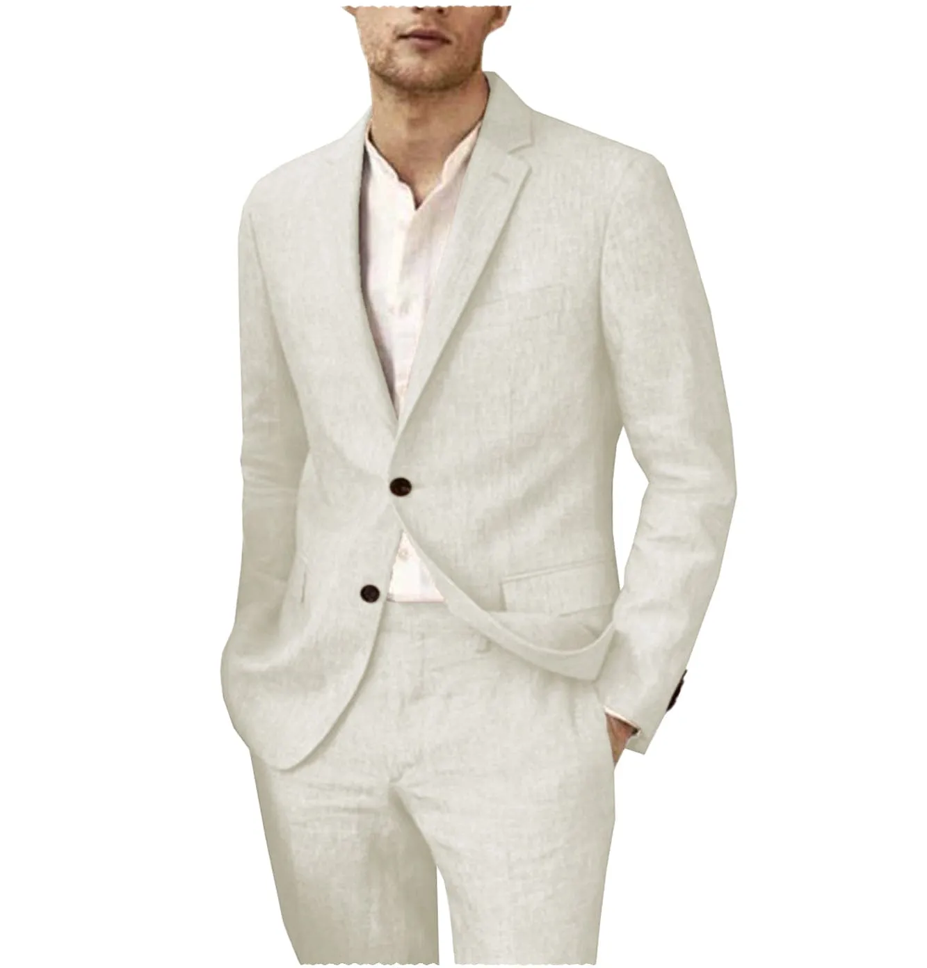 Linen Suits For Men Wedding 2 Piece  Fit Casual Notch Lapel Summer Grooms (Blazer Pants)