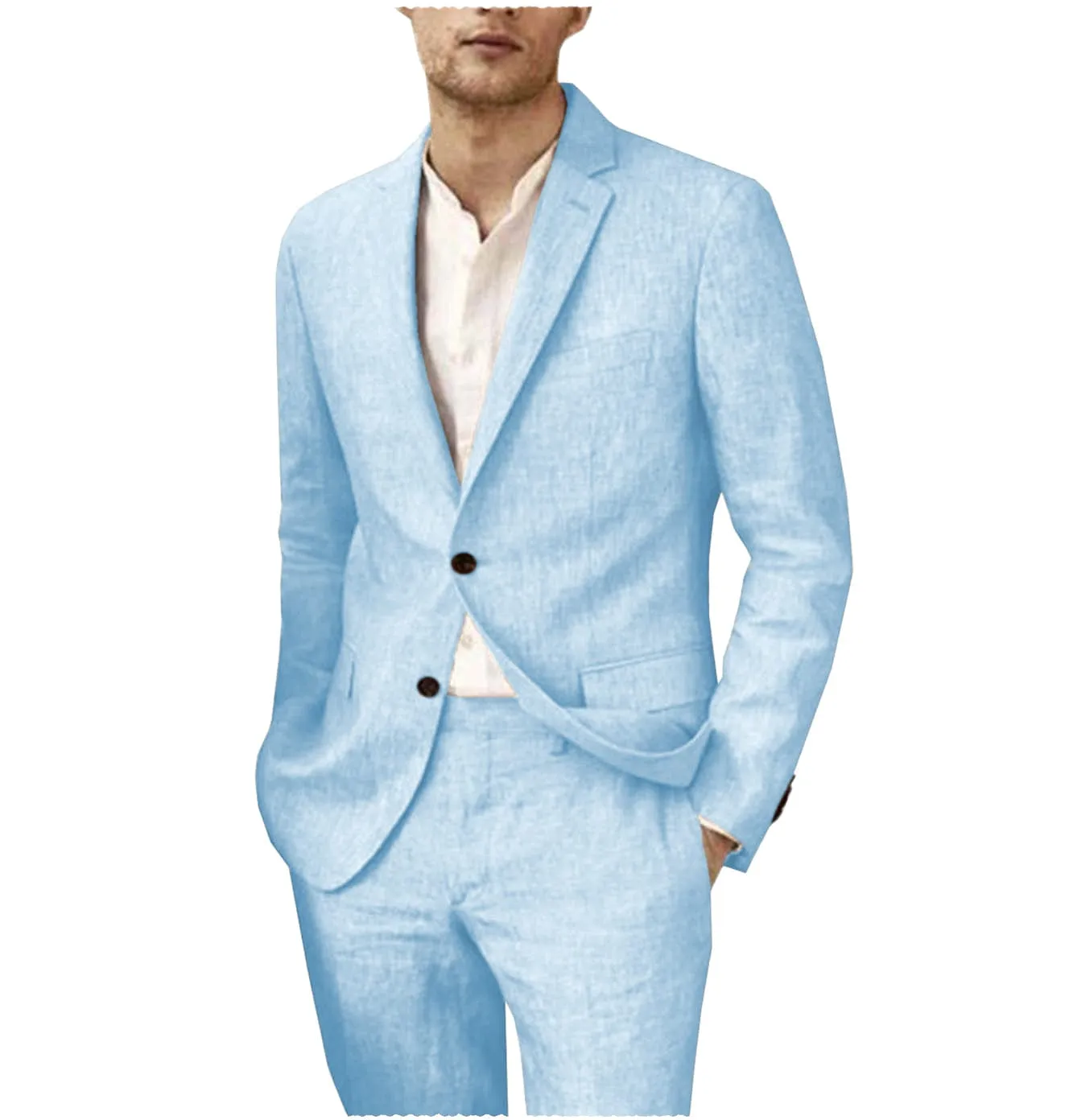 Linen Suits For Men Wedding 2 Piece  Fit Casual Notch Lapel Summer Grooms (Blazer Pants)