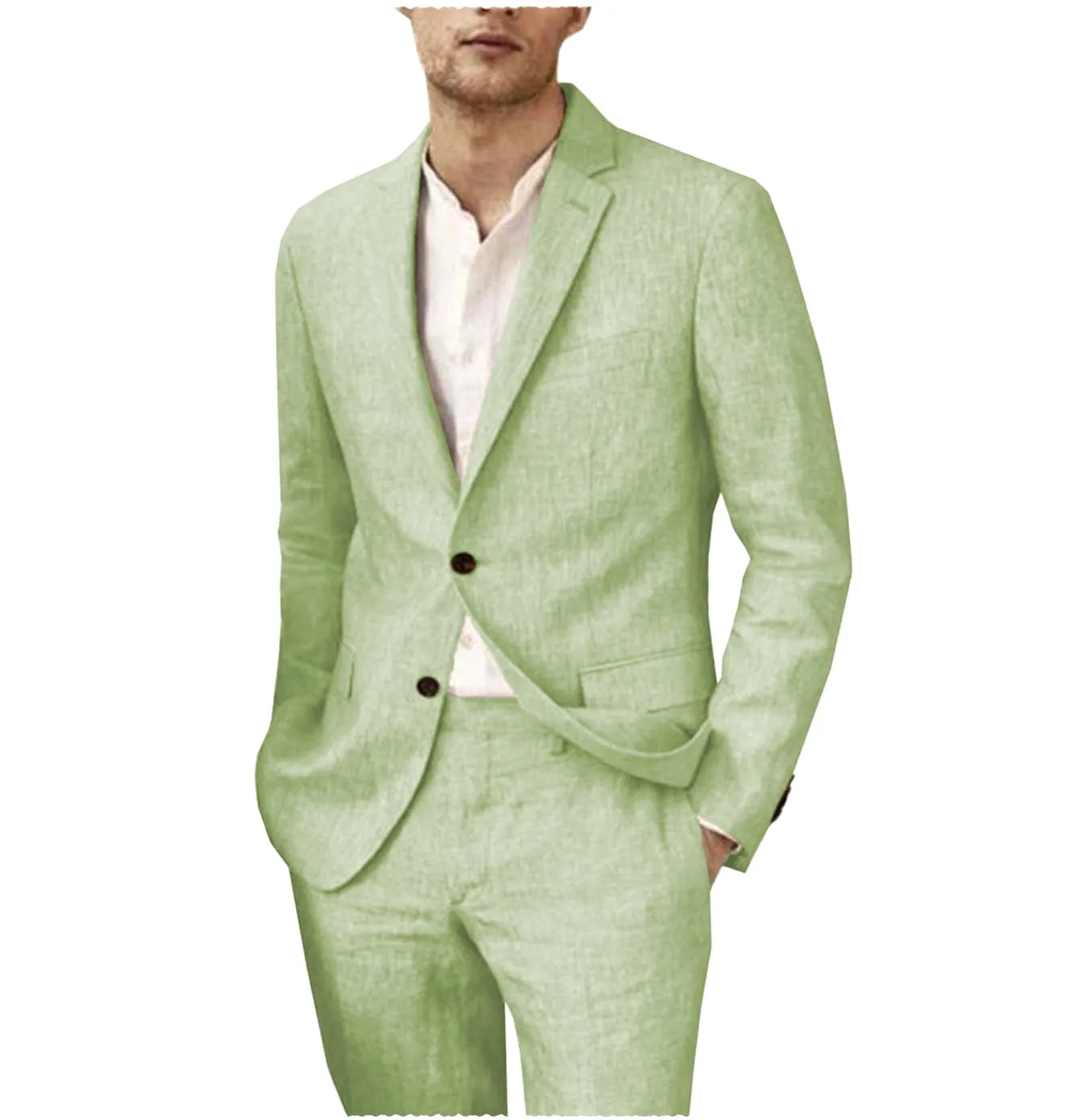 Linen Suits For Men Wedding 2 Piece  Fit Casual Notch Lapel Summer Grooms (Blazer Pants)