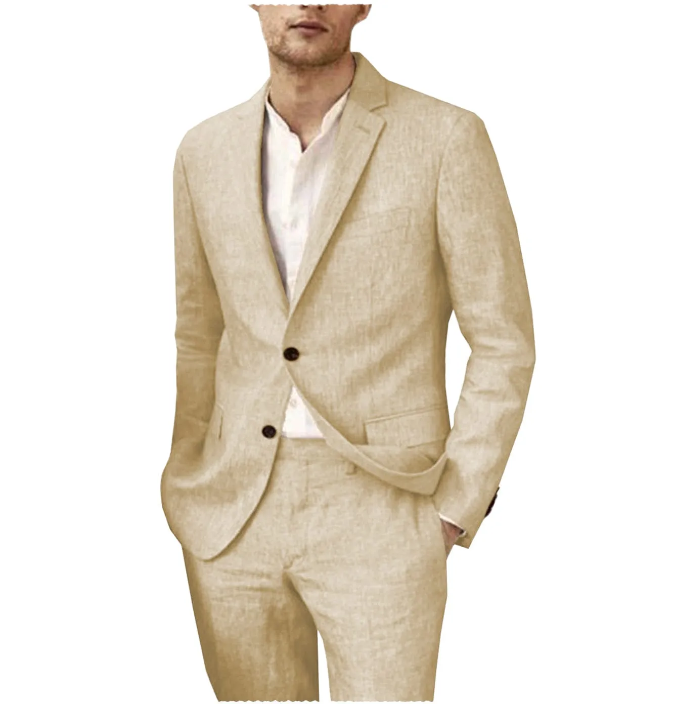 Linen Suits For Men Wedding 2 Piece  Fit Casual Notch Lapel Summer Grooms (Blazer Pants