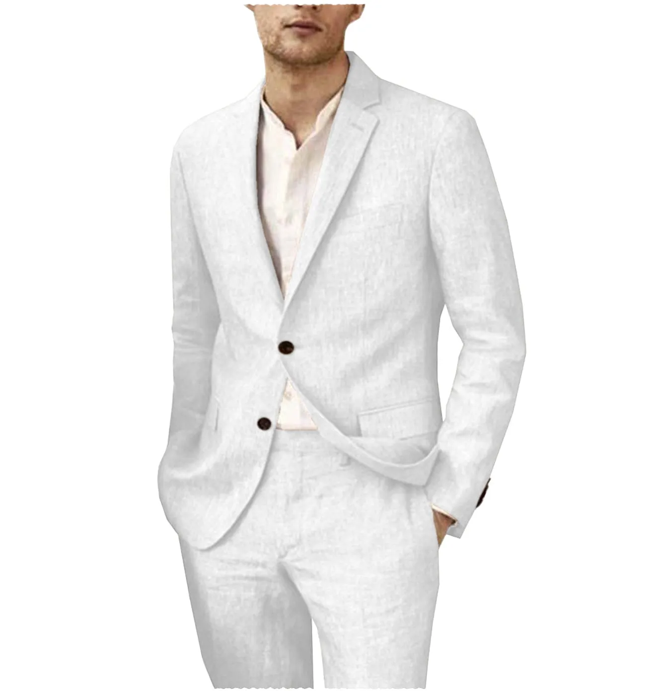 Linen Suits For Men Wedding 2 Piece  Fit Casual Notch Lapel Summer Grooms (Blazer Pants)