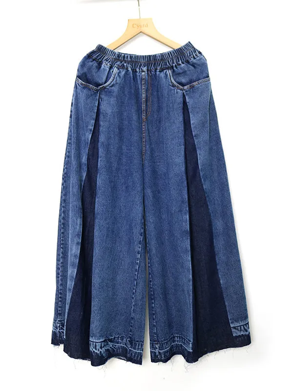 Loose Wide Leg Elasticity Fringed Pleated Jean Pants Bottoms