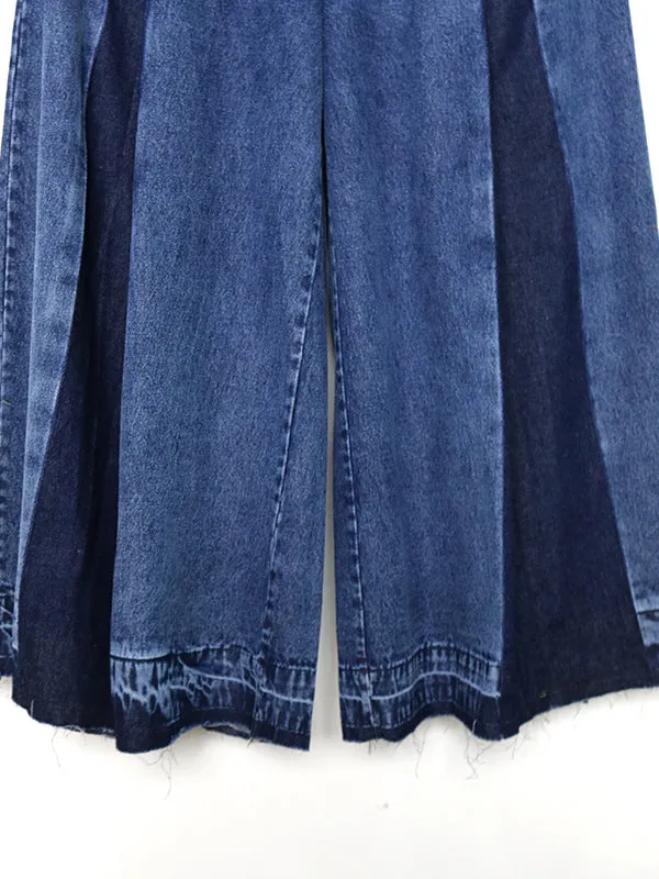 Loose Wide Leg Elasticity Fringed Pleated Jean Pants Bottoms