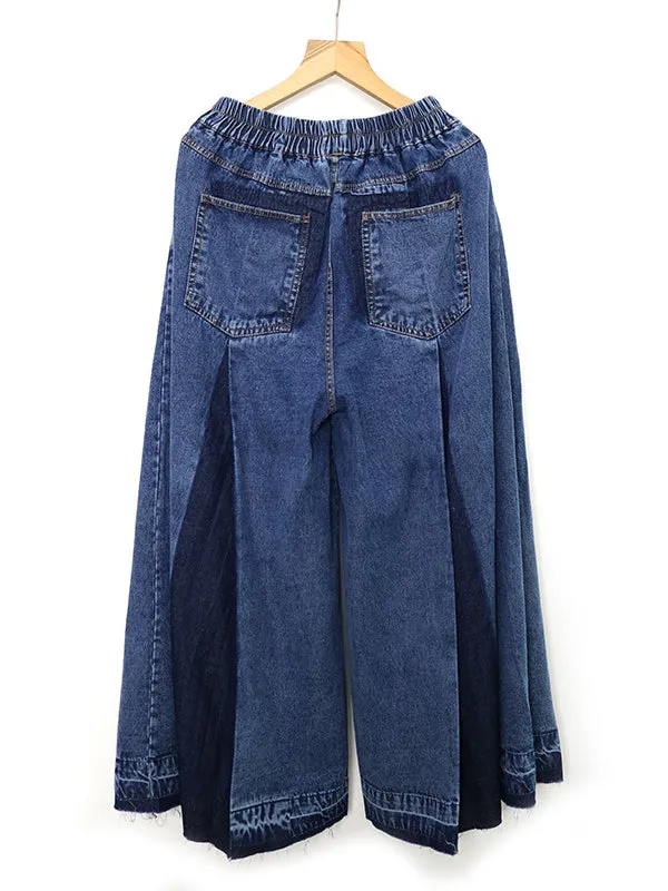 Loose Wide Leg Elasticity Fringed Pleated Jean Pants Bottoms