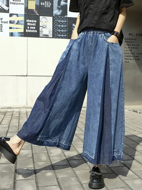 Loose Wide Leg Elasticity Fringed Pleated Jean Pants Bottoms