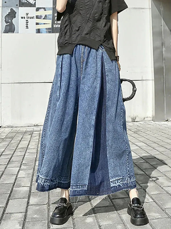 Loose Wide Leg Elasticity Fringed Pleated Jean Pants Bottoms