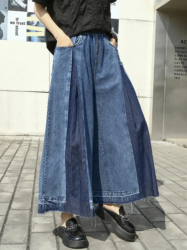 Loose Wide Leg Elasticity Fringed Pleated Jean Pants Bottoms