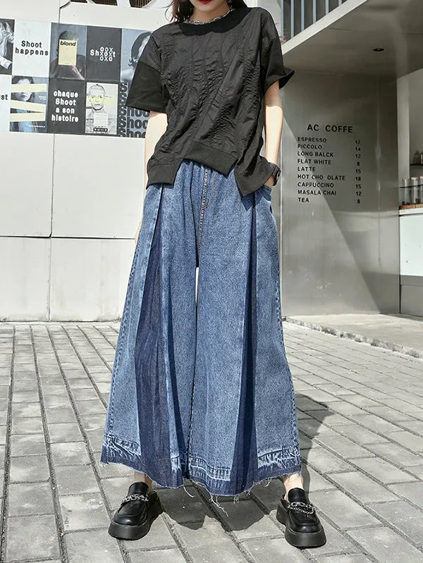 Loose Wide Leg Elasticity Fringed Pleated Jean Pants Bottoms