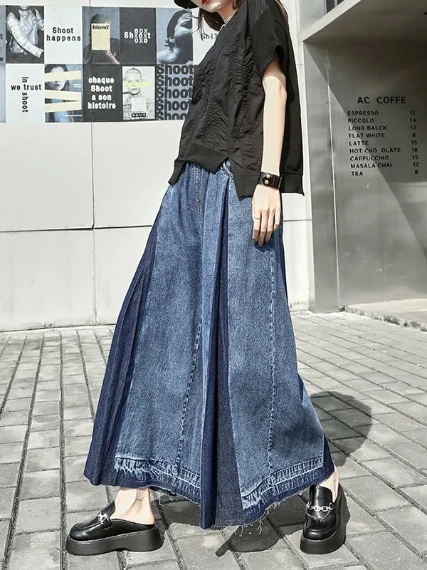 Loose Wide Leg Elasticity Fringed Pleated Jean Pants Bottoms