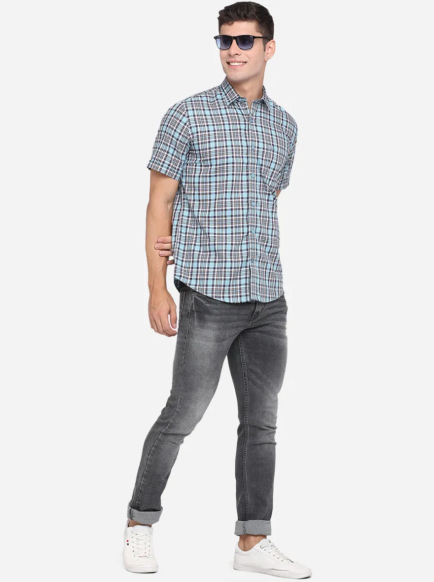 Marine Blue Checked Slim Fit Casual Shirt | JadeBlue