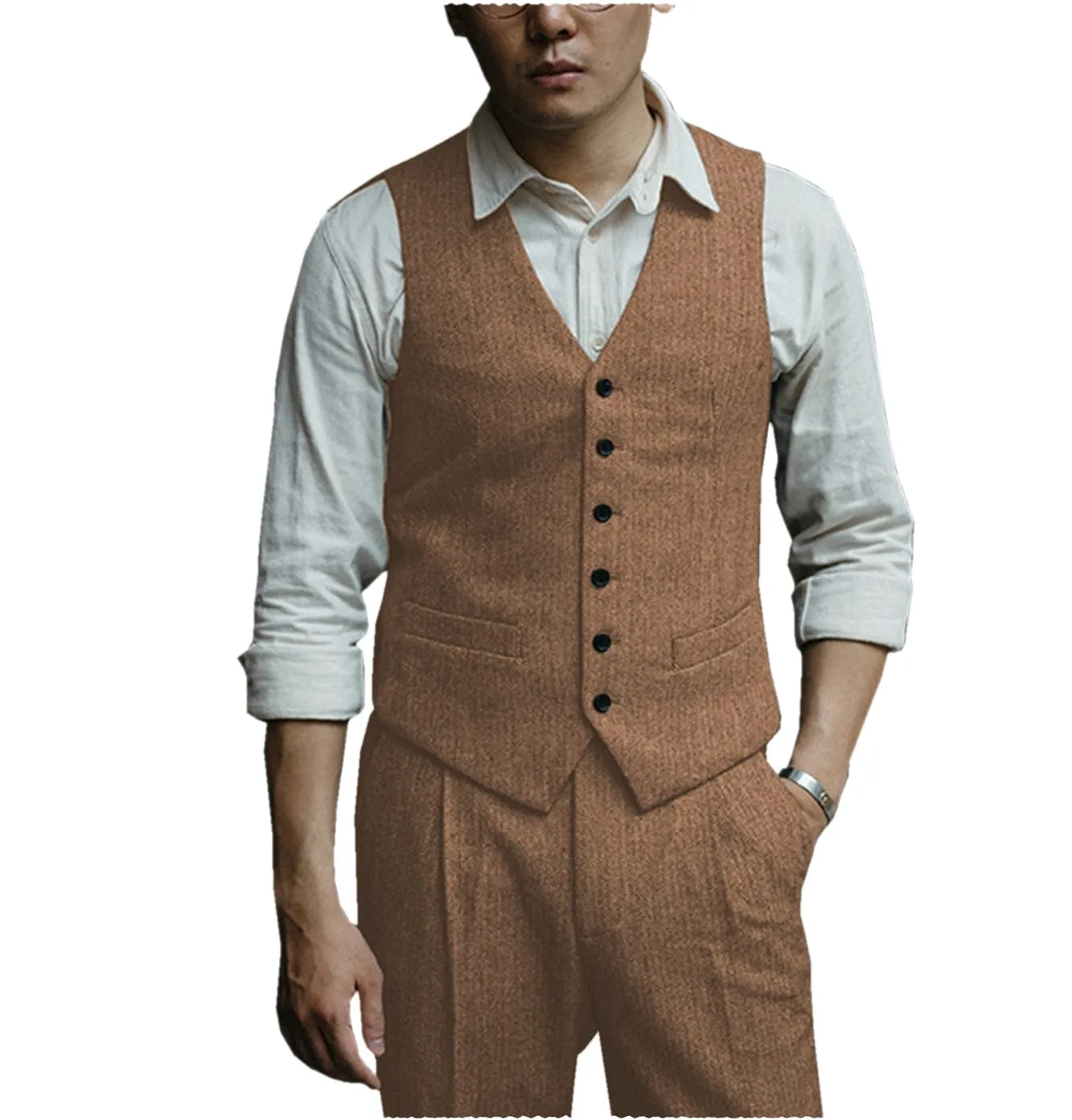 Mens Herringbone v Neck 2 Pieces （Waistcoat Pants）