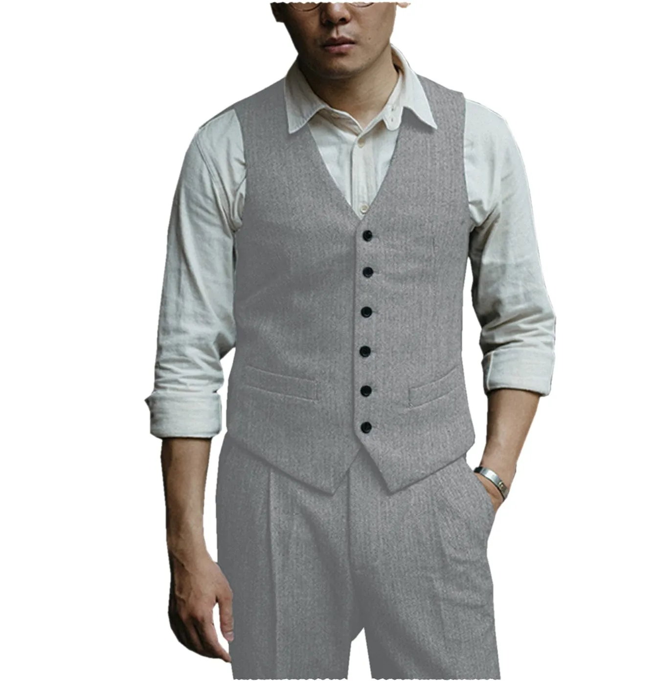 Mens Herringbone v Neck 2 Pieces （Waistcoat Pants）