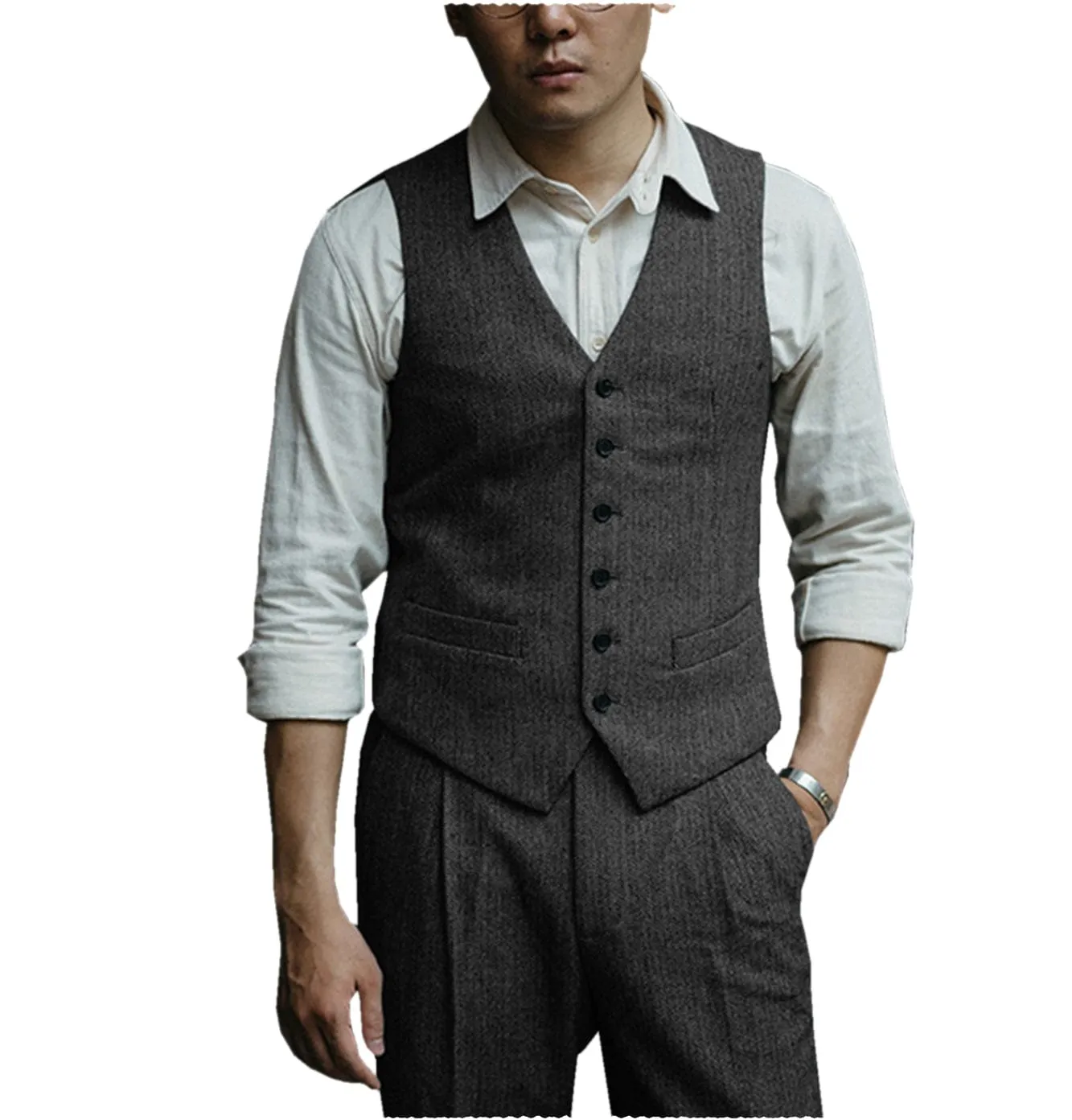 Mens Herringbone v Neck 2 Pieces （Waistcoat Pants）