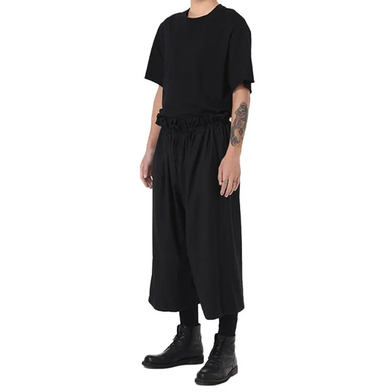 Men's Japanese Dark Elastic Waist Pleated Loose Wide Leg Pants