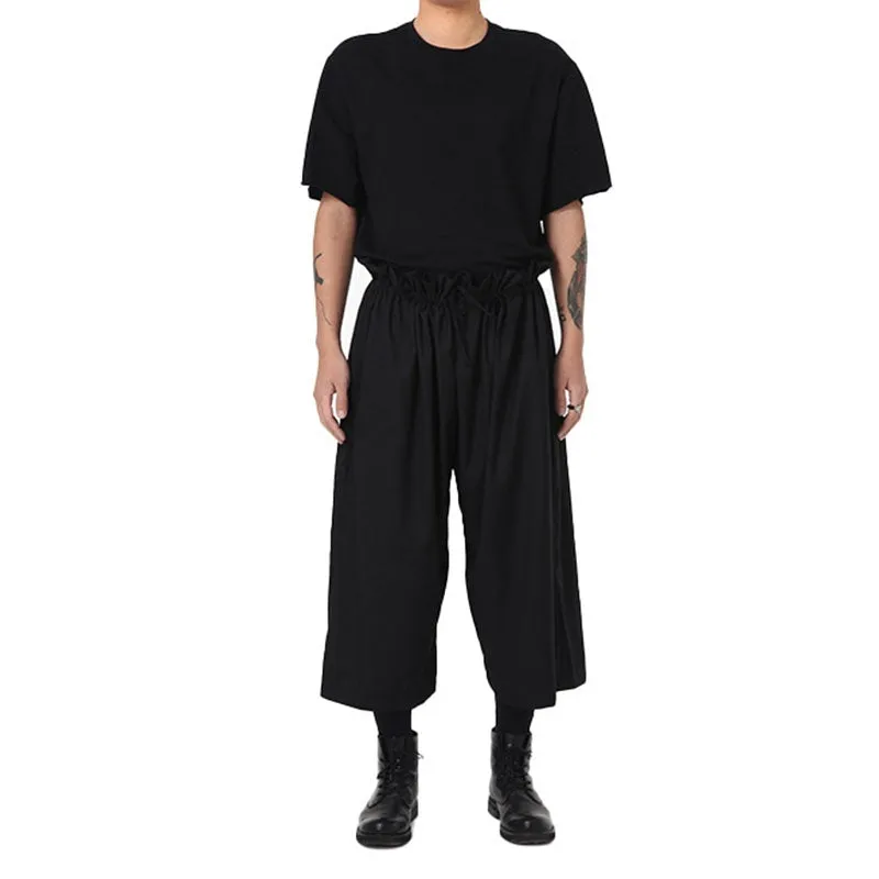 Men's Japanese Dark Elastic Waist Pleated Loose Wide Leg Pants