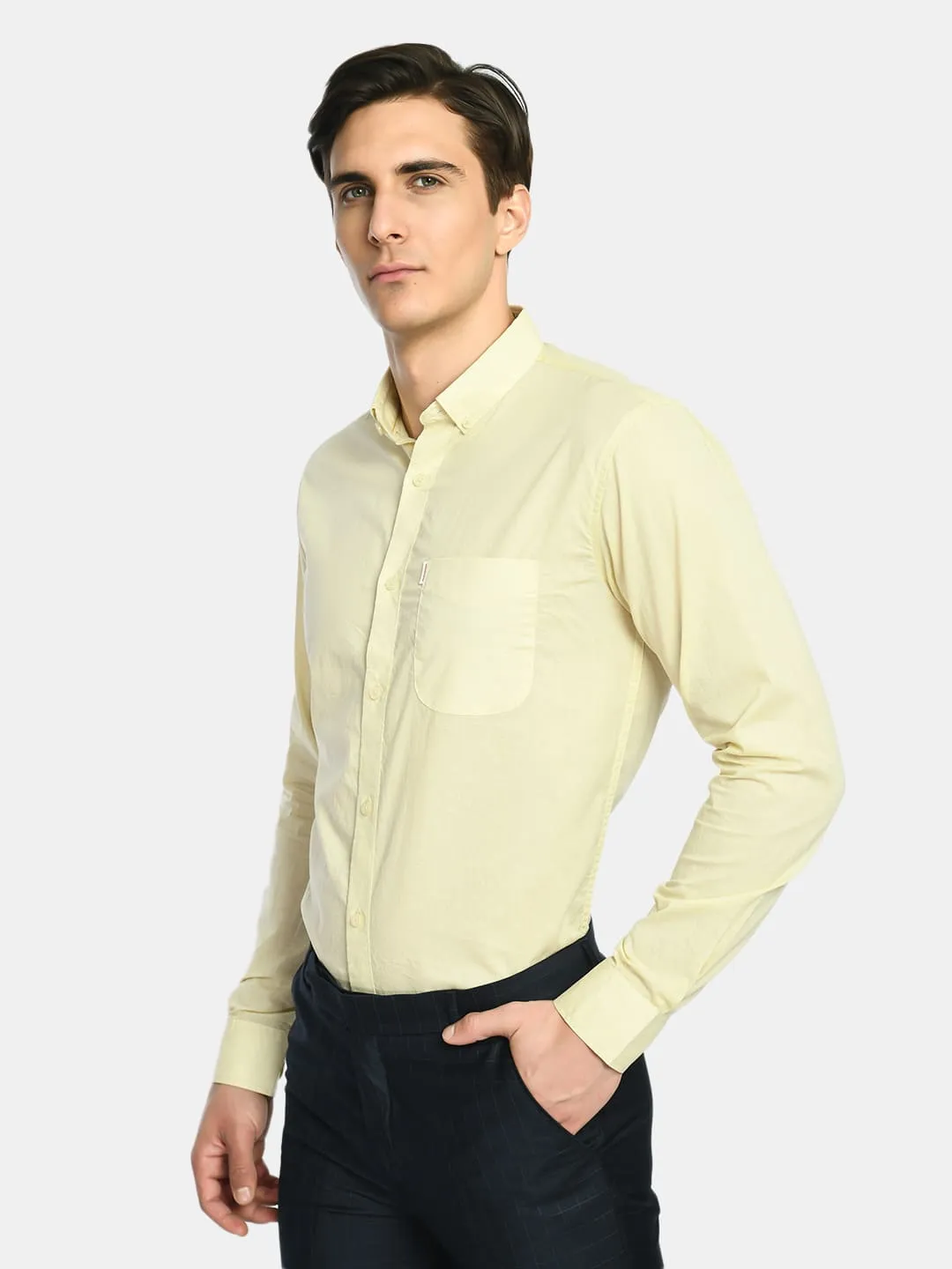 Men's Lemon Yellow Solid Cotton Spread Collar Shirt