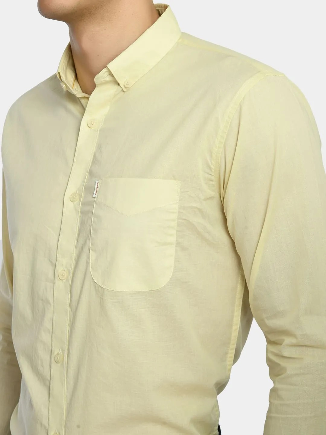 Men's Lemon Yellow Solid Cotton Spread Collar Shirt