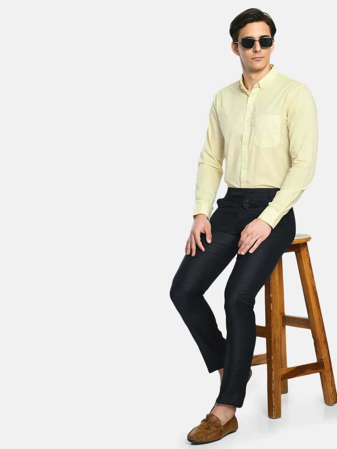 Men's Lemon Yellow Solid Cotton Spread Collar Shirt