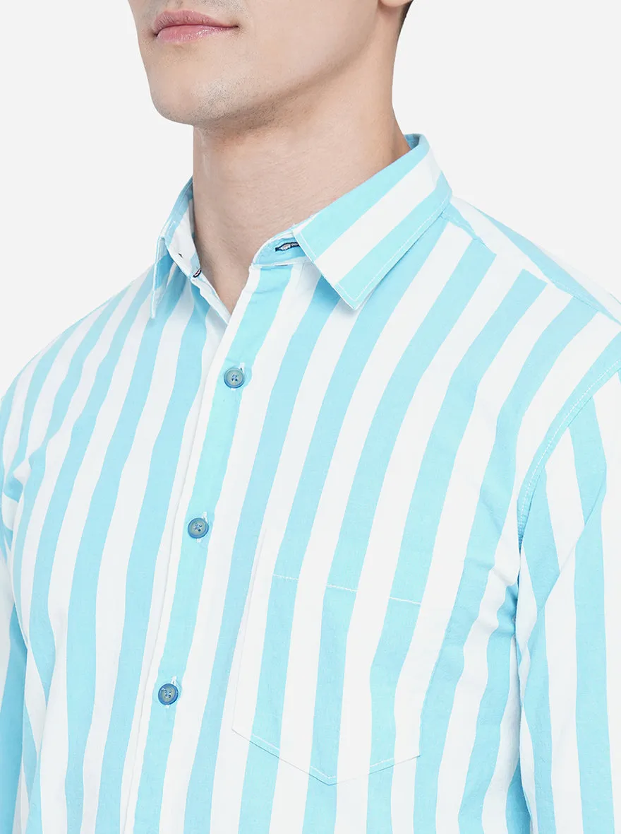 Milky Blue Striped Slim Fit Semi Casual Shirt | Greenfibre