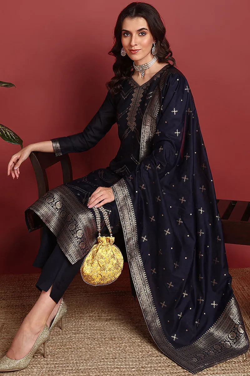 Navy Blue Silk Blend Ethnic Motifs Woven Design Straight Suit Set