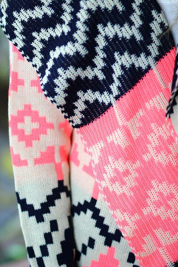 Neon Pink and Black Printed Cardigan