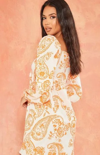 Orange Paisley Print Tie Front Bardot Shift Dress