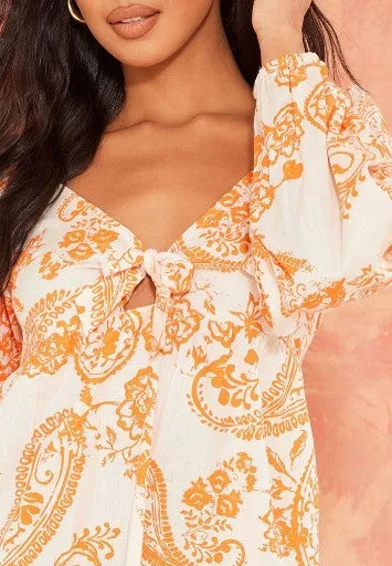 Orange Paisley Print Tie Front Bardot Shift Dress