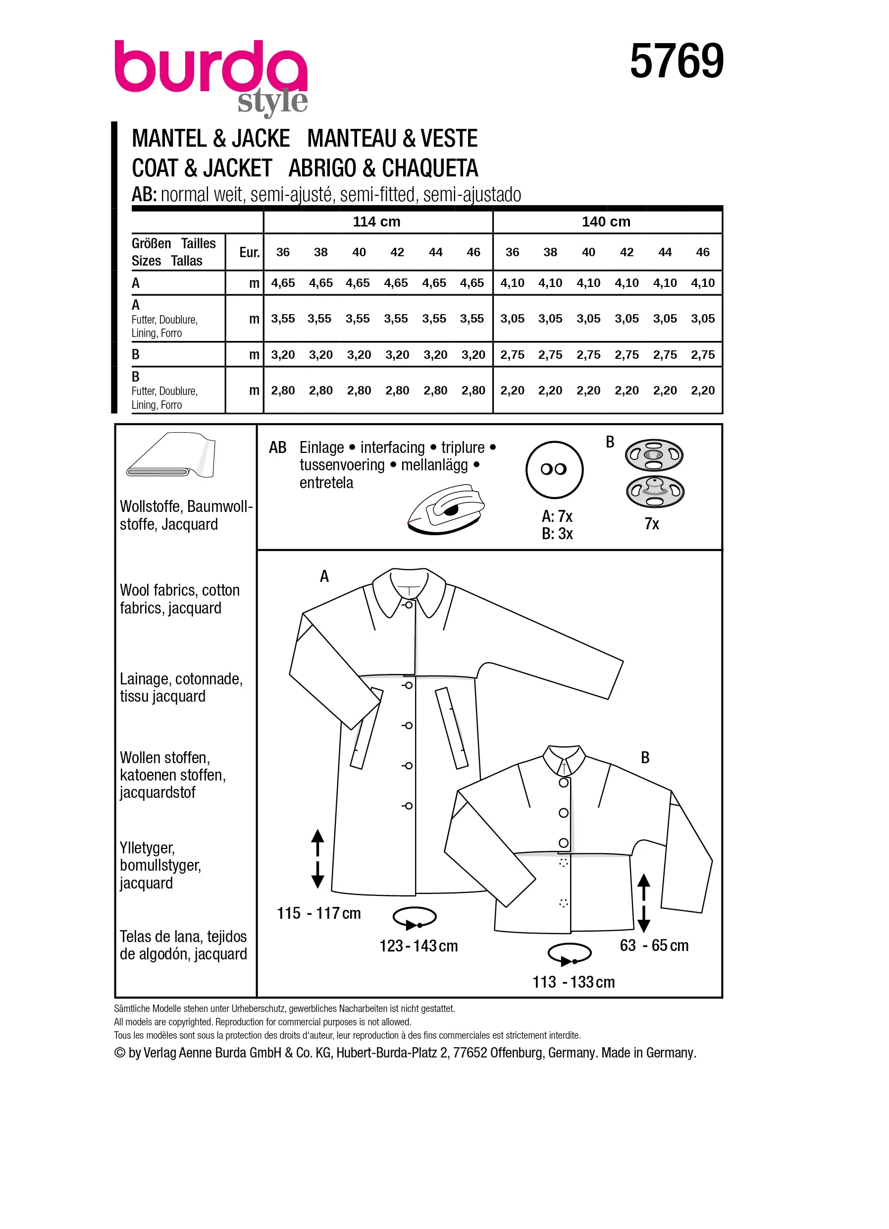 Patron Burda n°5769 : Manteau & Veste