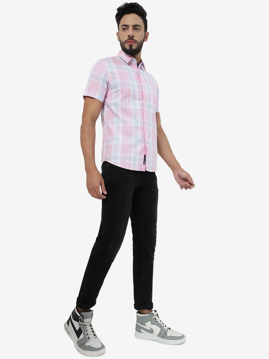 Pink Checked Slim Fit Casual Shirt | Greenfibre