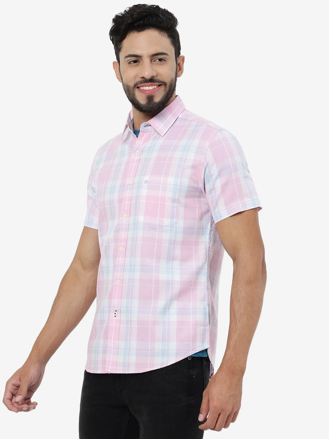 Pink Checked Slim Fit Casual Shirt | Greenfibre