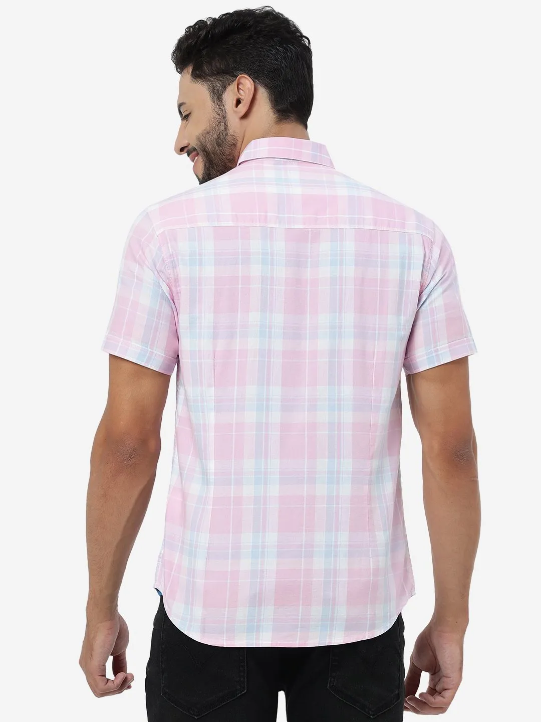 Pink Checked Slim Fit Casual Shirt | Greenfibre